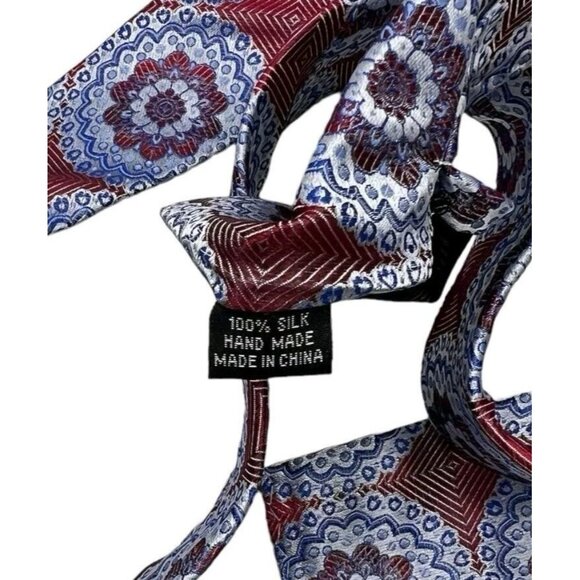 NWT THE BIG KNOT 100% Silk Tie Pocket Square LUXURY XL Blue Red Geometric W:3.6" - Picture 3 of 5